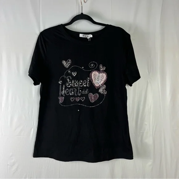 Women's Rhinestone Fitted short sleeve stretch black blouse size large - Picture 9 of 11